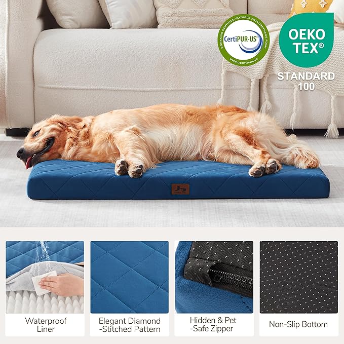 Orthopedic Dog Crate Bed for Large Medium Size Dogs, Waterproof Pet Bed Mat with Egg Crate Foam, Flat Dog Crate Pad with Removable Washable Cover, 41 x 28 Inch Kennel Pads, Navy