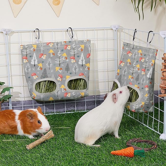 Glittme 2 Pack Guinea Pig Hay Feeder, 11.5x9 Inch Hay Bag for Rabbits, Hanging Hay Holder for Guinea Pigs Cage Hay Feeder for Bunny, Small Pets,Grey Mushroom
