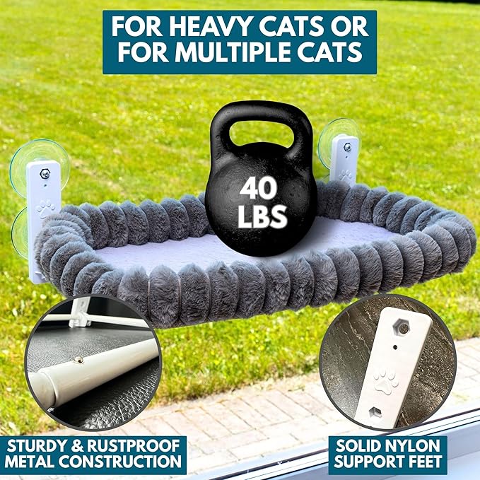 Cat Window Perch — Premium Cat Window Hammock with 4 Large Suction Cups & Soft Bubble Cushion; Strong Rustproof Metal Frame Window Bed Holding 40lbs; Easy Assembly Perch for Indoor Cats; Gray