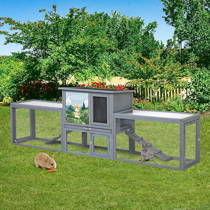 COZIWOW Large Rabbit Hutch Outdoor Indoor, 94.5" L 2-Level Bunny Cage for 2 or More Small Animals, Wooden Pet House with Removable Tray & Multiple Entrances (Modern Grey)