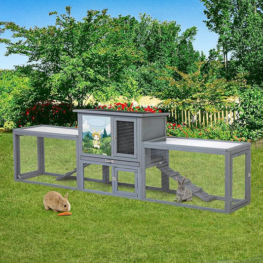 COZIWOW Large Rabbit Hutch Outdoor Indoor, 94.5" L 2-Level Bunny Cage for 2 or More Small Animals, Wooden Pet House with Removable Tray & Multiple Entrances (Modern Grey)