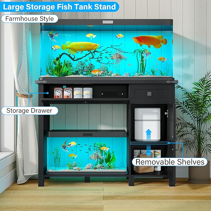 40 Gallon Fish Tank Stand with Power Outlets, Farmhouse Decorative Aquarium Stand Furniture with Adjustable Shelves and Drawer, Reptile Turtle Tank Stand with Cabinet Storage (Black, 30-40GL)