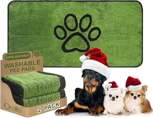 Qeils Reusable Dog Pee Pads, 2 Pack Super Absorbent & Leakproof Washable Puppy Pads with Soft Green Top Layer, for Potty Training, Crates, Couch, Car Seats & Pet Beds, 24"x 48"