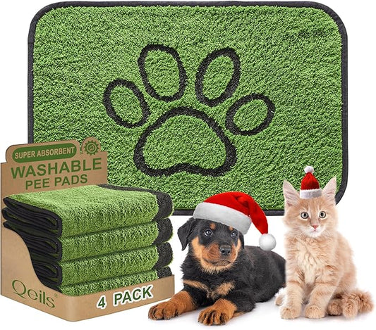 Qeils Reusable Dog Pee Pads, 4 Pack Super Absorbent & Leakproof Washable Puppy Pads with Soft Green Top Layer, for Potty Training, Crates, Couch, Car Seats & Pet Beds, 24"x 36"