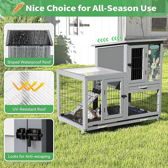 COZIWOW Rabbit Hutch Indoor with Wire Bottom, 2-Level Large Wooden Bunny Cage on Wheels Outdoor for Multiple Small Animals, Grey + Colorful Patterns