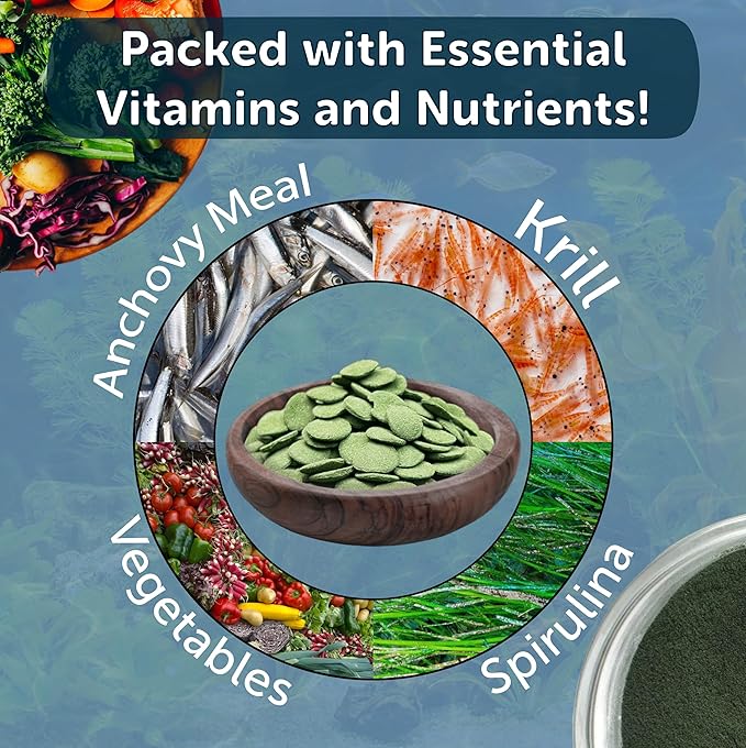 Aquatic Foods Inc. 12mm - 1/2" Small Sinking Wafers of Spirulina, Algae & Veggies for Plecos, Catfish, Shrimp, Snails, Crabs, Crayfish, 12-Type Pellet Mix & 4-Type Wafer Mix Included..4.9oz Canister