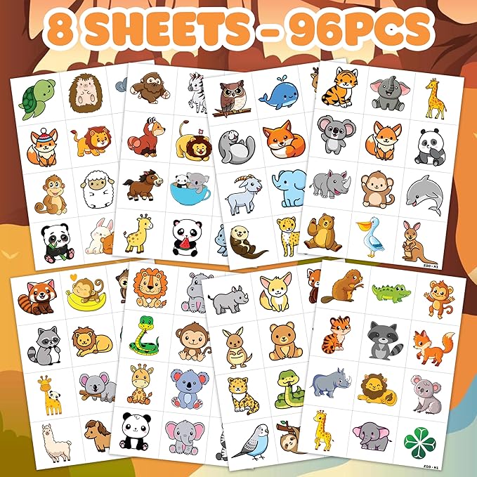 Zoo Pre-cut Temporary Tattoos (8 Sheets 96PCS) Jungles Party Decorations Supplies Favors Safari Animals Theme Birthday Cute Stickers Christmas Gifts for Boys Girls Class School Prizes Carnival