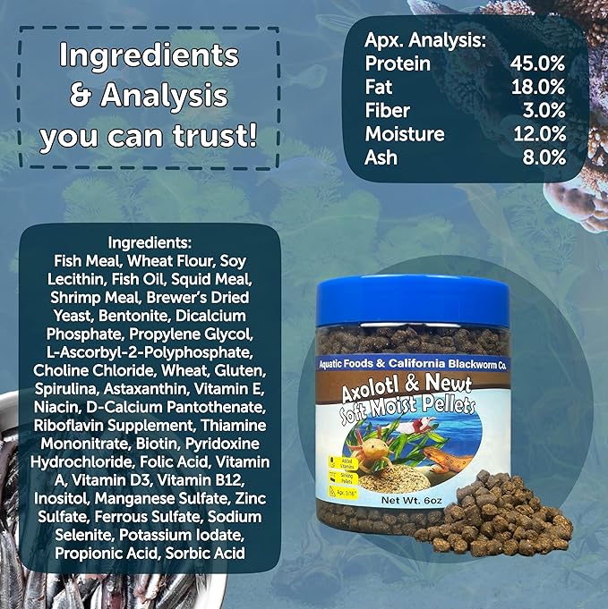 Aquatic Foods Inc. Axolotl Pellet Food 3/16" Soft Moist Sinking Pellets for Juvenile Axolotl Also Shrimp, Snails, Crayfish, Bottom Tropical Fish, Blackworm Pellets Included 6oz Canister