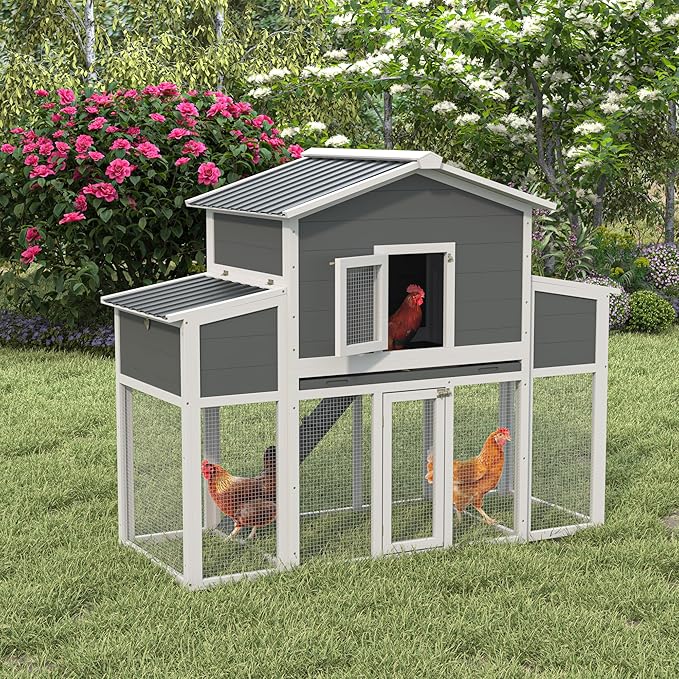 Wooden Chicken Coop for 2-6 Chickens, Outdoor Chicken House with Run & 2 Nest Boxes, Outside Hen House Poultry House Pet Hutch Chicken Cage with Waterproof Roof & Ramp, (66''LX32''WX53''H)