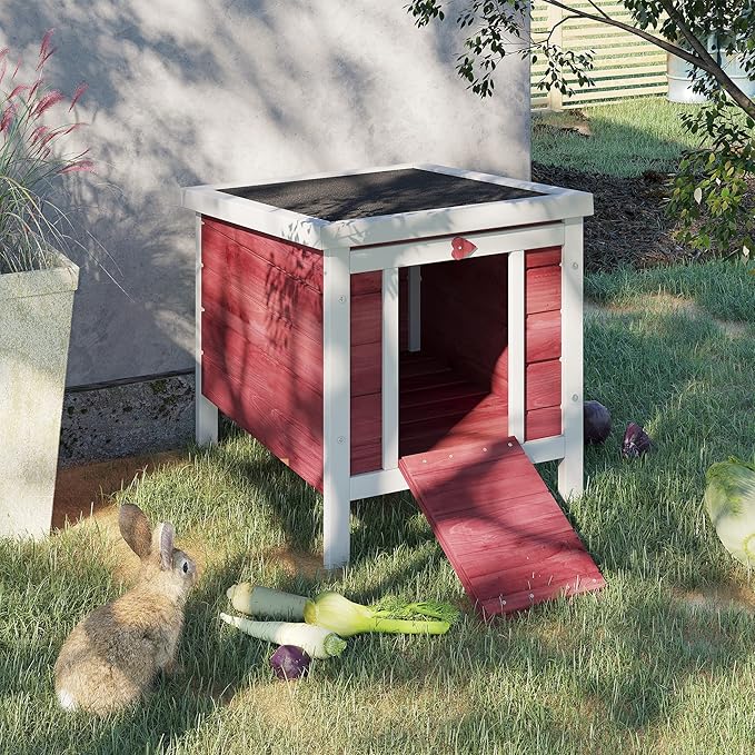PawHut Small Wooden Rabbit Hutch Bunny Cage Guinea Pig Cage Duck House Dog House with Openable & Waterproof Roof, Red