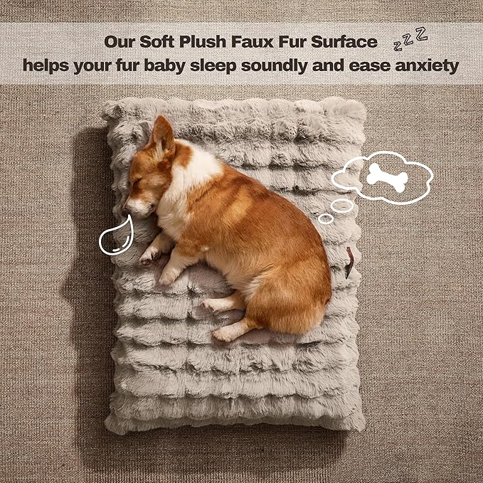 WDCOZY Fluffy Dog Crate Beds for Large Dog, Plush Faux Fur Kennel Pad with Removal Washable Cover, Soft Pet Mat for Sleeping & Ease Anxiety, Anti-Slip Bottom for Pet Up to 60 lbs, 36"x23", Beige