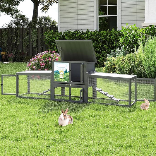 COZIWOW Large Rabbit Hutch Bunny Cage Outdoor Indoor Wooden Small Animal House with Sloped Roofs, Pet Run, No-Leak Tray, 4 Doors, Non-Slip Ramps, Colorful Patterns (Grey)