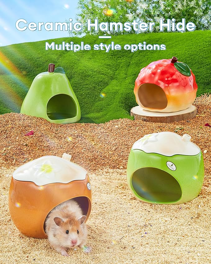 BUCATSTATE Hamster Hideout Ceramic, Pear Shape Hamster House and Habitats Cool Bed, Ideal for All Season Dwarf Hamster, Gerbil, Mice, Golden Bear (Green-Large)