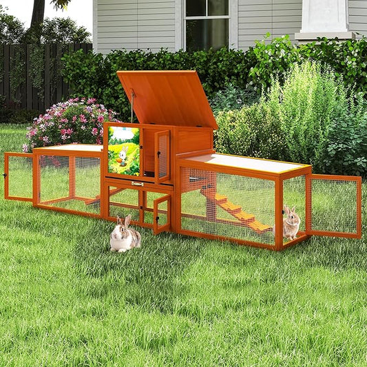 COZIWOW Large Rabbit Hutch Bunny Cage Outdoor Indoor Wooden Small Animal House with Sloped Roofs, Pet Run, No-Leak Tray, 4 Doors, Non-Slip Ramps, Colorful Patterns (Orange)