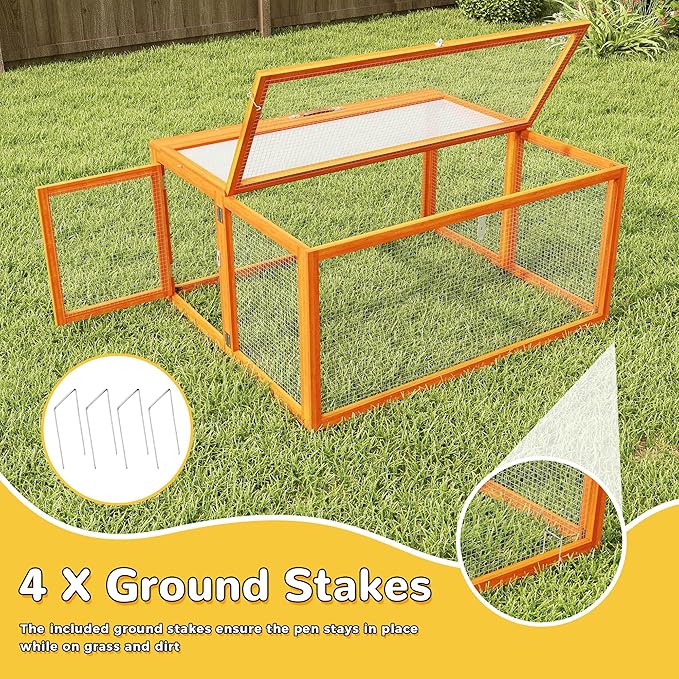COZIWOW Portable Chicken Coop with UV-Proof Panel, 4X Garden Stakes, Wooden Rabbit Hutch, Chicken Brooder Indoor, Outdoor Folding Chicken Cage, Top & Side Openable Doors, 43.3Inch (Orange)
